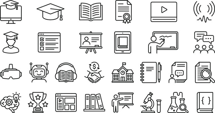 Modern Thin Line Education and E Learning Icons Set with Graduation, Online Course, Certificate, School, Science and Training Symbols