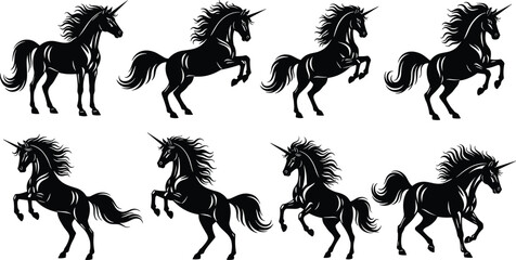 Black unicorn silhouettes set including standing rearing and running mythical horses with horns for fantasy fairytale magic and mystical design © Razia