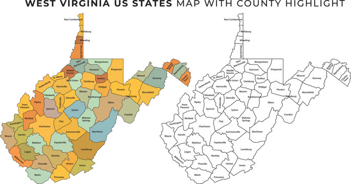 West virginia us state map with highlighted counties vector illustration for geographic and travel information