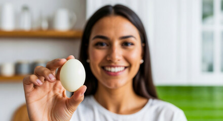 Hand holding peeled hard-boiled egg symbolizing healthy protein snack and balanced diet