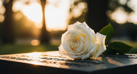 White flowers on memorial plaque symbolizing remembrance and respect