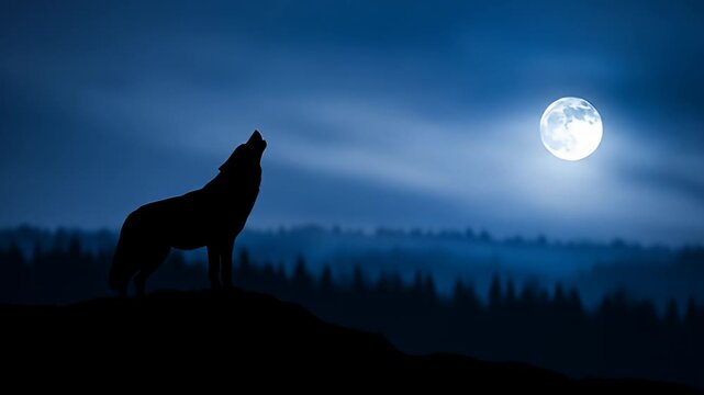 Wolf howling at the full moon in a dark forest at night.