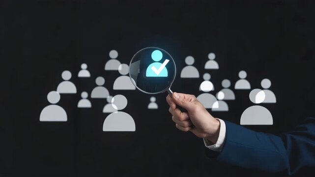 Talent Selection: The magnifying glass focuses on a chosen candidate amid a cluster of profiles, representing the core of human resources and recruitment