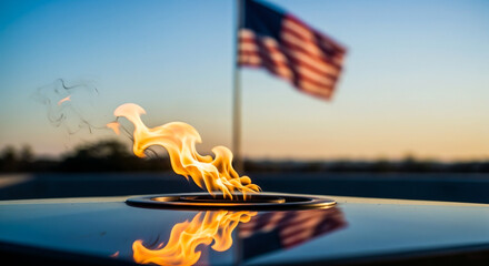 Eternal flame on Memorial Day with American flag symbolizing sacrifice and national remembrance