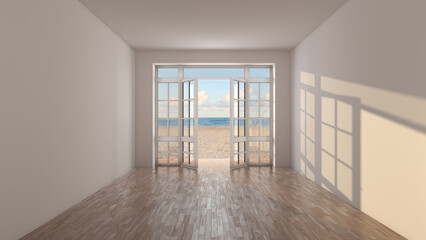 Obraz premium Bright empty interior with wooden floor and open French doors leading to sandy beach and blue sea. Natural sunlight casting shadows on wall, modern minimal coastal living concept. 3D Illustration
