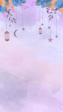 islamic ramadan watercolor background with hanging lanterns crescent moon star