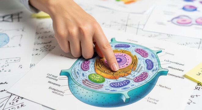 Teacher pointing to plant cell diagram learning biology