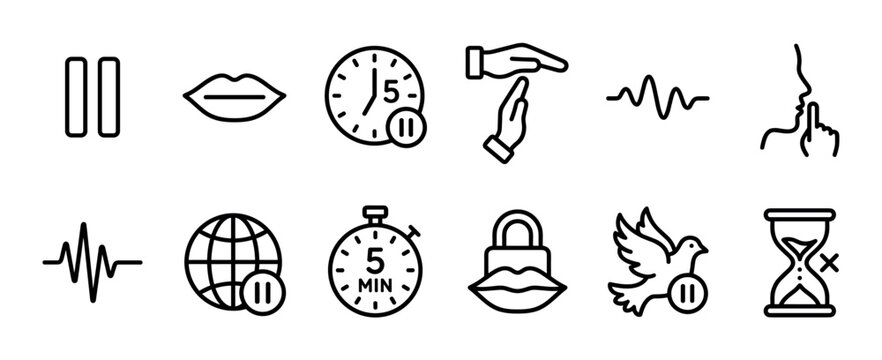 Collection of black minimalist line icons representing concepts of pause, silence, interruption, and taking a break, including symbols like a timeout gesture and a shushing face