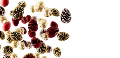 Decorative Easter egg designs with striped patterns, gold, red, and white color combination, create a visual appeal for