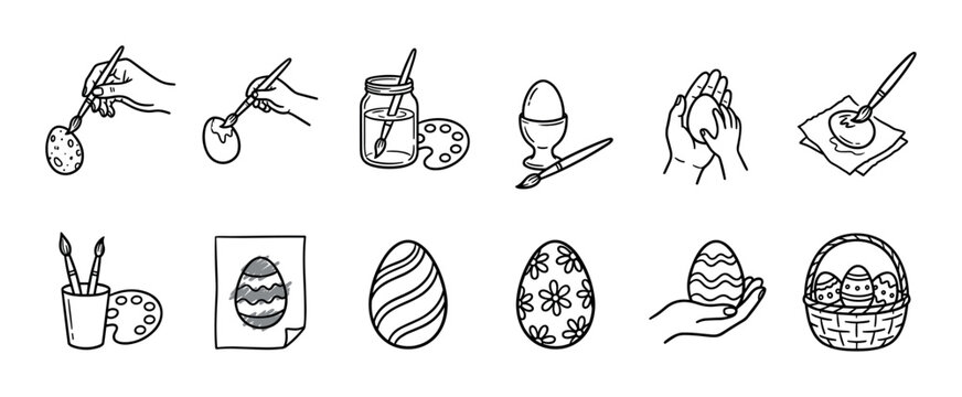 Collection of black and white doodle icons for Easter egg decorating, illustrating the process of painting with brushes and palettes, and showing finished eggs in a basket