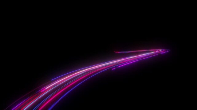 Abstract light trails in pink and blue tones on black background with abstract