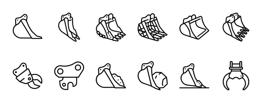 Excavator bucket and attachment line icon set showing various heavy machinery parts like grapples, rippers, and scoops for construction and earthmoving equipment