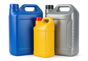 Three plastic jerrycans of different colors isolated on white background