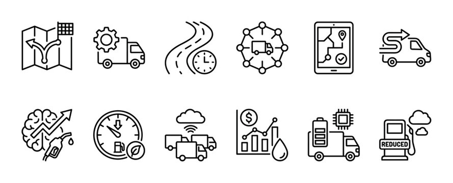 Set of black line icons for logistics and transportation showing route planning, delivery, fuel economy, and fleet management concepts in a minimalist style