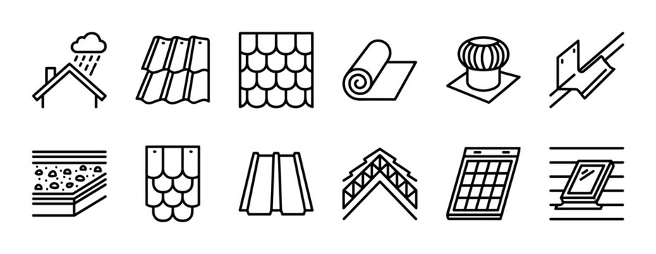 Roofing materials and construction line icon set featuring various elements like tiles, solar panels, insulation, vents, and skylights for building and home improvement projects