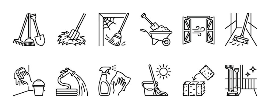 Set of black line icons for cleaning and yard work shows various tools like a broom, mop, shovel, and bucket for housekeeping, gardening, and maintenance in a simple outline style