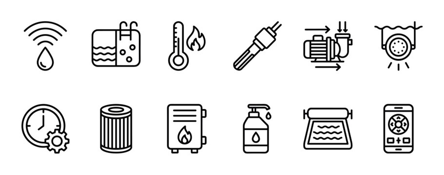 Swimming pool equipment and maintenance line icons set for smart home automation and care, including pump, filter, heater, light, and remote control symbols for web and app design