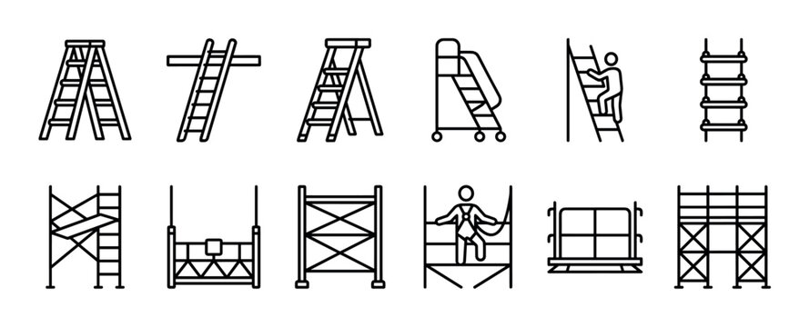 Ladder and scaffolding equipment icon set in a minimalist black outline style, featuring stepladders, mobile stairs, and construction framework structures