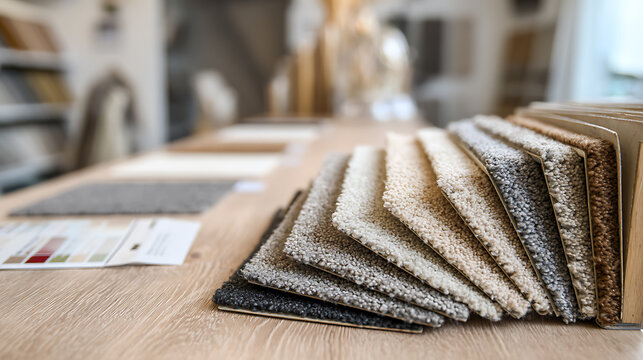 Varied Carpet Sample Swatches Displayed on a Wooden Table in a Showroom, Featuring Different Textures and Neutral Colors for Interior Design