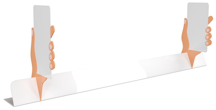 Close-up of a shelf stopper in the shape of a hand holding a sign. 3d illustration transparent background