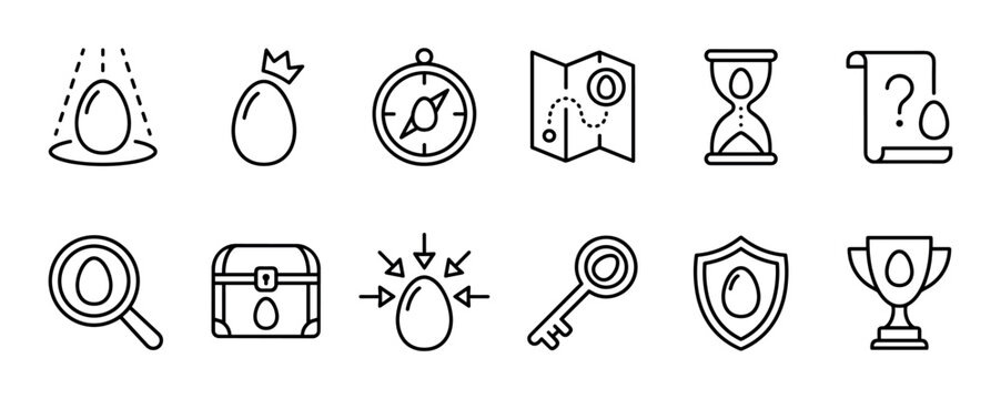 Ten black outline egg-themed icons illustrating concepts of discovery, quest, reward, time, mystery, and achievement in a clean vector style