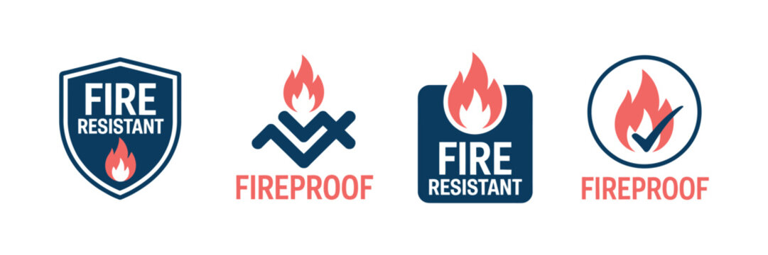 Fire Resistant Vector Symbols, Set of Icons Showing Protection Against Fire and Flames for Safety Labels, Equipment, and Hazard Prevention.