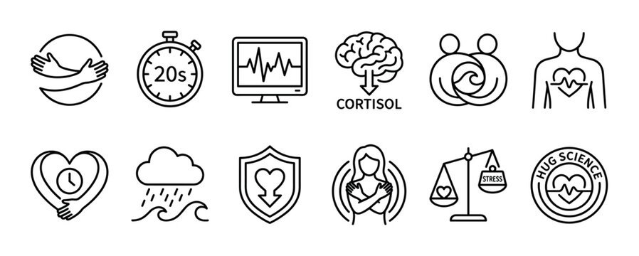 Comprehensive collection of black line art icons illustrating the science of hugging, emotional well-being, and stress reduction, presented in a clean, modern style
