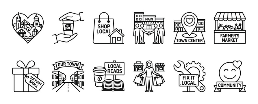 Collection of black outline local community icons depicts various aspects of supporting small businesses, town centers, and local services in a clean, modern vector style