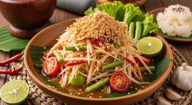 Spicy thai som tam salad with peanuts and vegetables