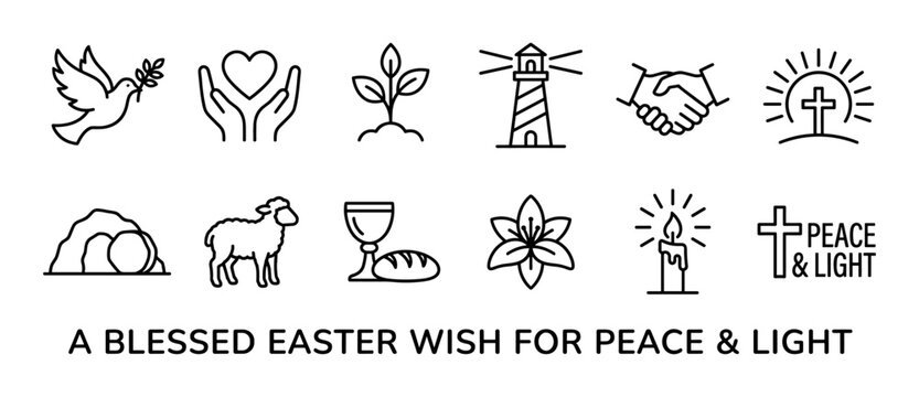Collection of black outline Christian Easter symbols and icons, including a dove, lamb, and cross, accompanied by a blessed wish for peace and light