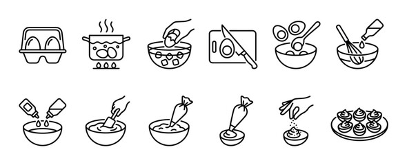 Fototapeta premium This comprehensive set of black line icons illustrates the step-by-step process of preparing delicious deviled eggs, from boiling and peeling to mixing and piping, presented in a clean, modern style