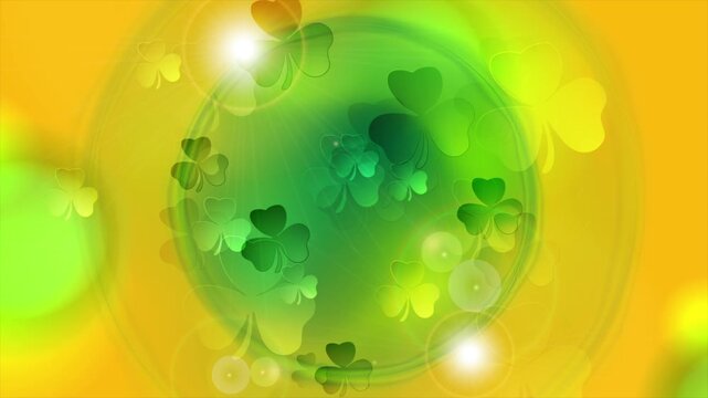St Patrick Day green orange abstract background with shamrock leaves and liquid circles. Holiday motion design. Seamless loop. Video animation Ultra HD 4K 3840x2160