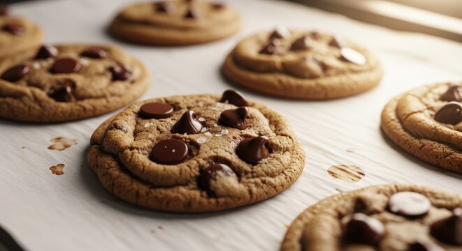 Warm chocolate chip cookies on a baking sheet