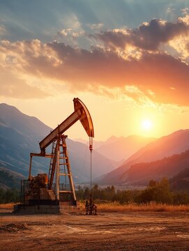 Oil field site, in the evening, oil pumps are running, Silhouette of beam pumping unit