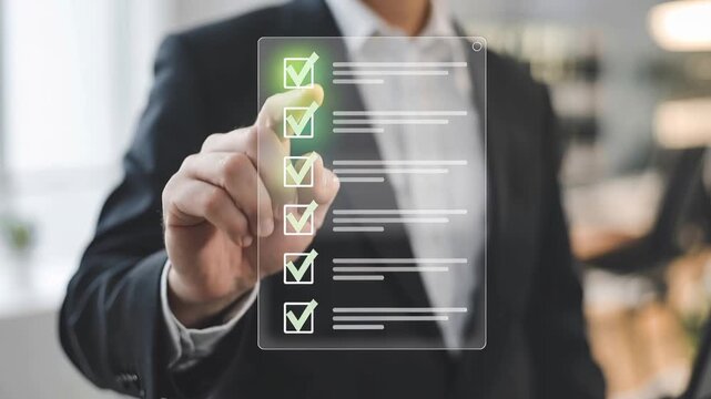 Checklist Completion: A focused individual in professional attire meticulously interacts with a modern checklist interface, signifying a commitment to accuracy and attainment. 