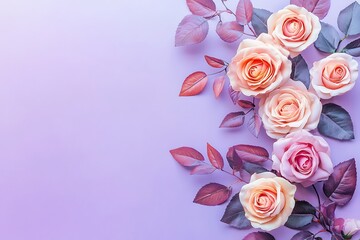 Beautiful bouquet of pink roses with leaves on purple background