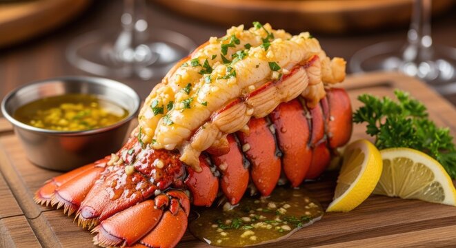 Grilled lobster tail with lemon butter sauce and herbs