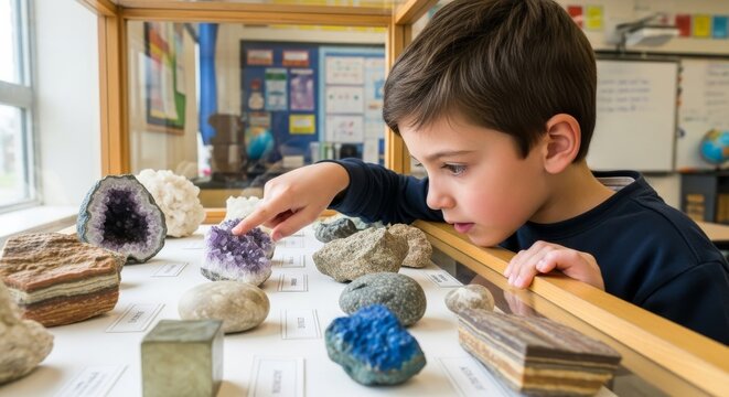 Young student explores rocks and minerals in classroom display