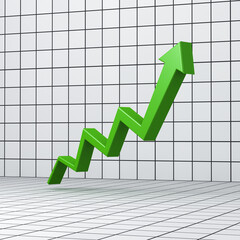 Perspective view of 3d green arrow line graph chart pointing up or moving upward successful business idea concepts isolated on grid graph table white background with shadow 3D rendering