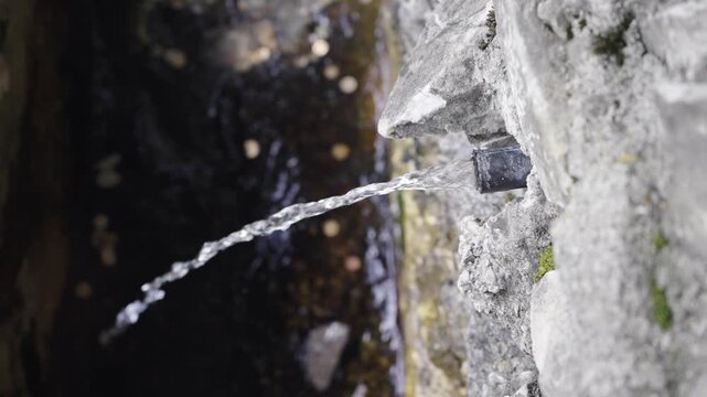Spring water flows from a rusty metal pipe in mountain forest, slow motion
