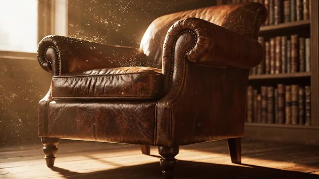 Solitary weathered leather director chair in vintage library with dust motes and warm sunlight