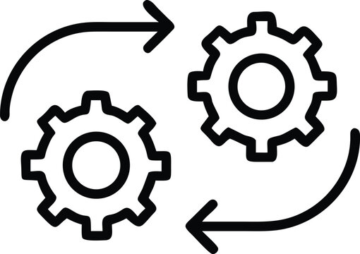 Simple black line icons of two interlocking gears with arrows indicating rotation and collaboration in a circular motion