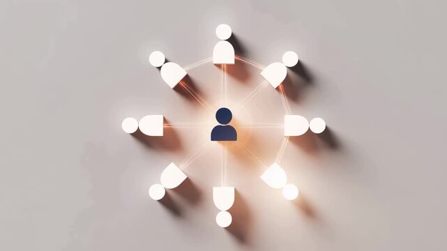Networking Connections: An overhead view shows connected people icons in a circular network around a central figure, symbolizing interconnectedness.