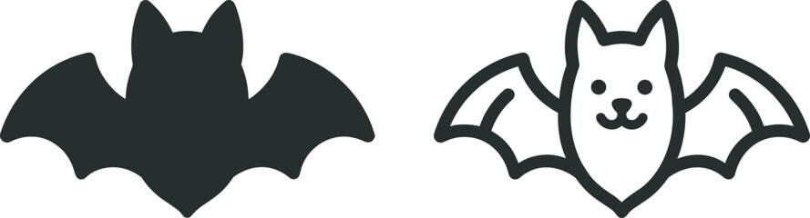 Cute Bat Silhouette and Kawaii Cartoon Bat with Smiling Face, Adorable Halloween Characters Side by Side, Black Outline Vector Illustration 