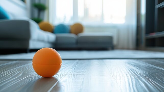 Orange toy ball rolling on wooden living room floor