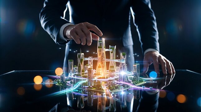 Businessman Interacting with Futuristic Smart City Model