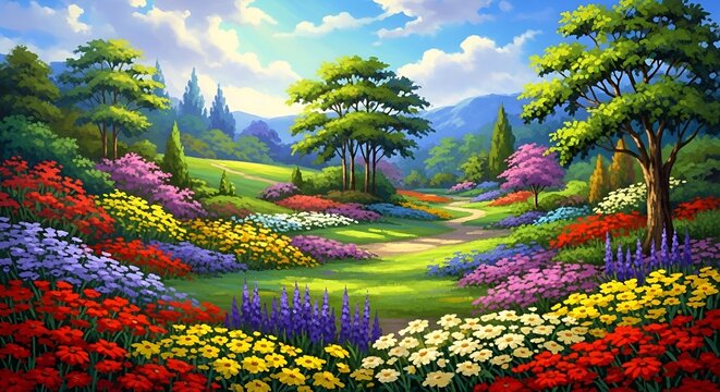 Paradise garden full of flowers, beautiful idyllic Paradise garden full of flowers, beautiful idyllic background with many flowers in eden, 3d illustration with vivid colors. Generative Ai.