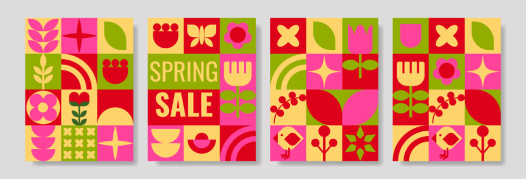 Vibrant geometric spring collage, bold fuchsia, lime and yellow tile motifs with tulips, arches and stars, playful market poster feel for popup shop or seasonal