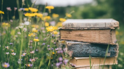Books placed on grass surrounded by yellow and purple flowers in spring