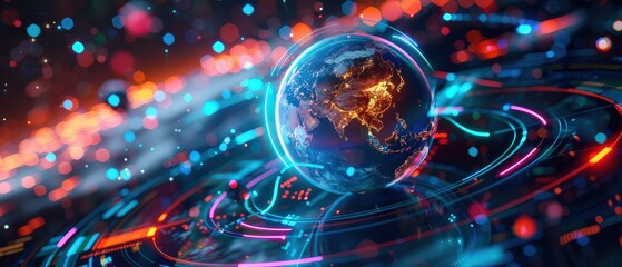 Fototapeta premium Futuristic holographic Earth floating above glowing digital rings with dynamic orange and blue light effects, symbolizing global technology, data flow, and connected systems.